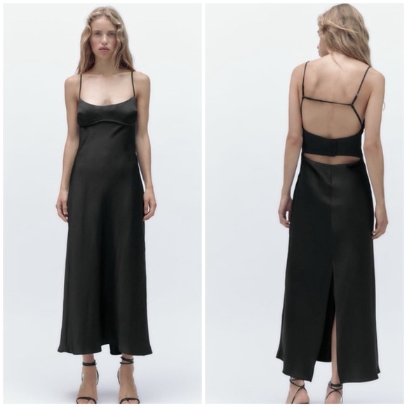Zara Satin Effect Cut Out Back Midi Dress Black Blogger Favorite Tik Tok Viral - Picture 2 of 16